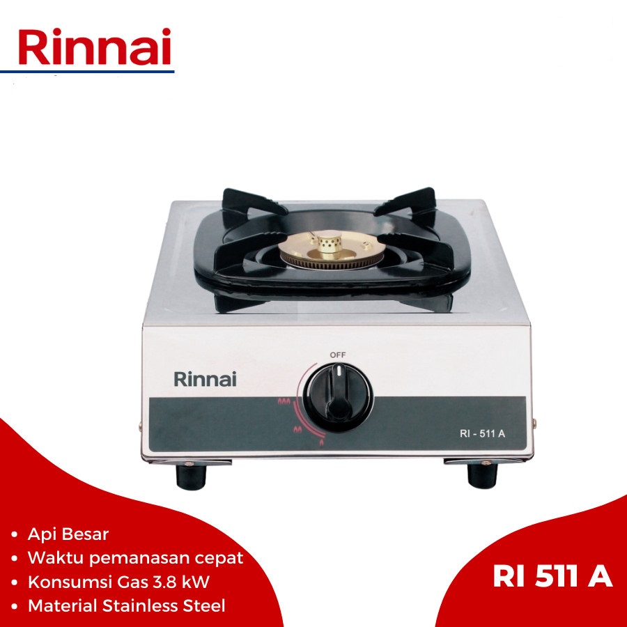 Kompor Gas Stainless 1 Tungku Rinnai RI-511A Kompor 1 Tungku Rinai 511 A Api Besar