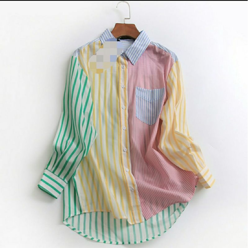 MDLV ~ 2470# Annora Patchwork Striped Shirt Kemeja Salur Import