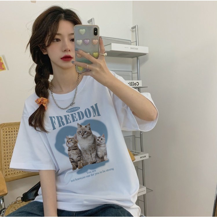 Cat Kaos Lengan Pendek Cream Atasan Wanita Oversize Printed T-shirt Kekinian Korean Style/atasan anak perempuan