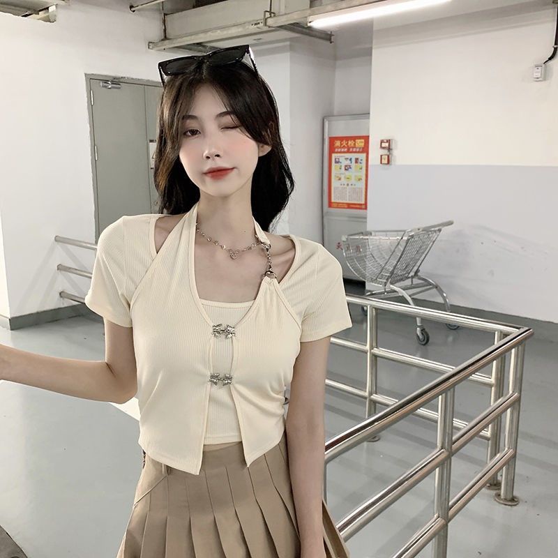 ♤♚Suhao Xiachun Yufeng Palsu Dua Potong Halter Leher Slim T-shirt Desain Irregular Pendek Chic Atasan Sedikit Gemuk MM