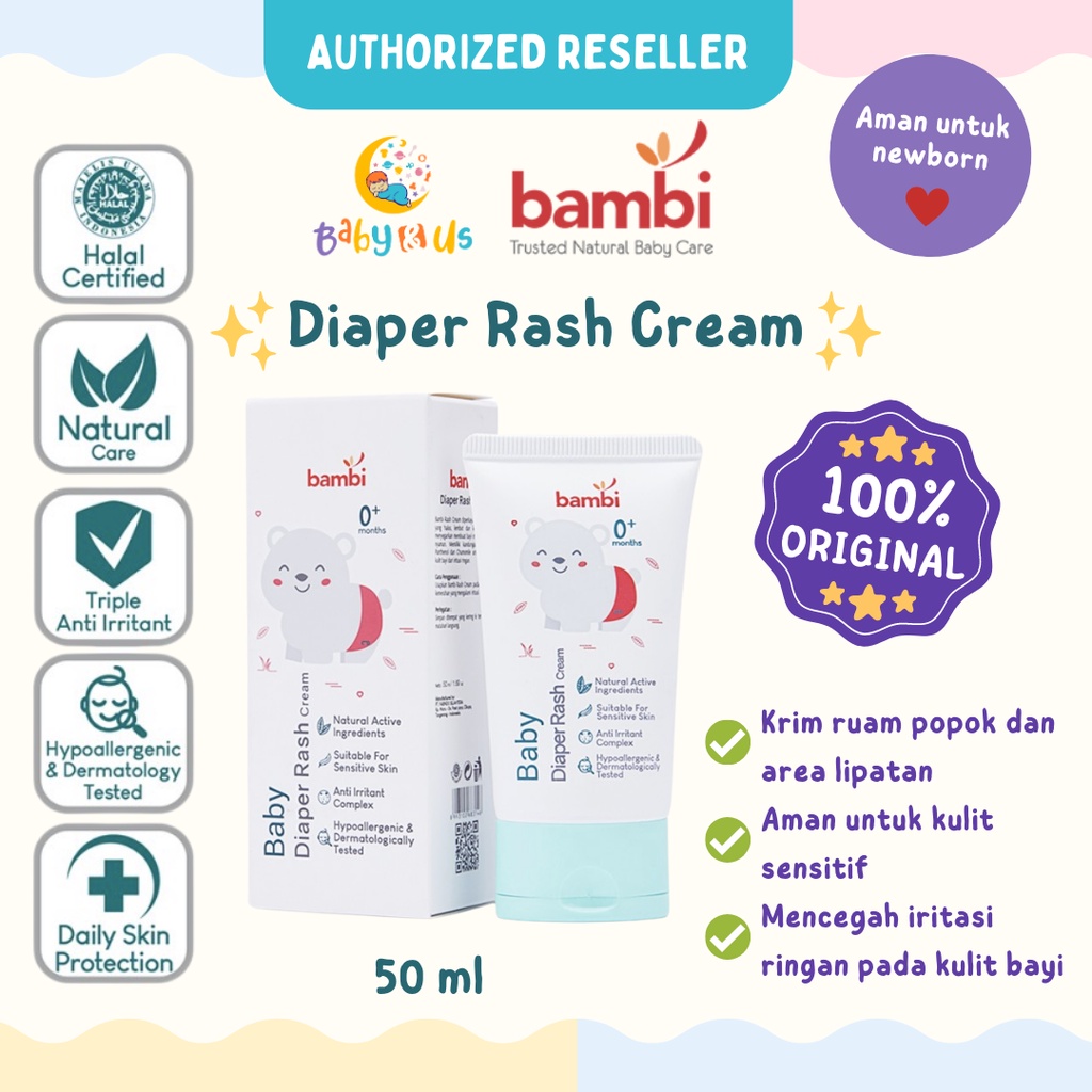 Bambi Baby Diaper Rash Cream 50ml | Krim Ruam Popok Pada Bayi Kulit Normal - Sensitif | Krim Area Lipatan | Mencegah Iritasi Ringan Pada Kulit Bayi