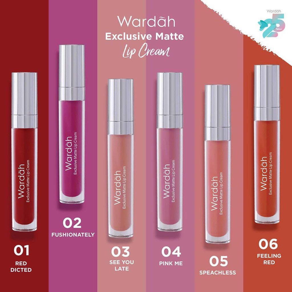 WARDAH Exclusive Matte Lip Cream Indonesia / 4g Velvet Matte With Color Binding Pigmenta &amp; Enriched Vitamin E / Soft Matte Intense Luxurious Finish Warna Intense Tahan Lama Krim Moist Plus / Cosmetic Lips Makeup Make Up Series / Lipstick Lipstik Bibir