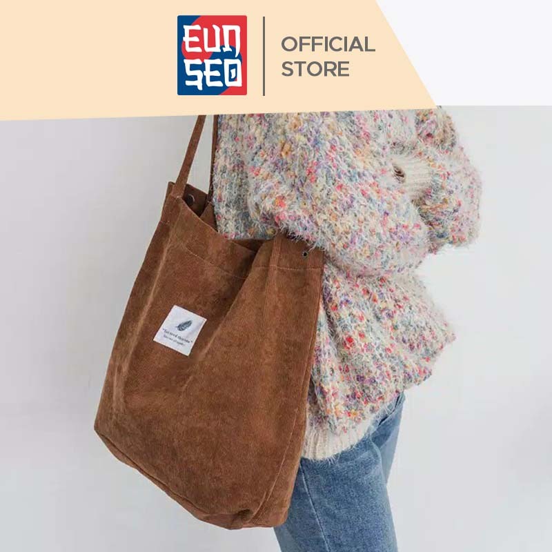 EUNSEO Tote Bag Wanita Fashion Korea Corduroy Garis Tebal Import