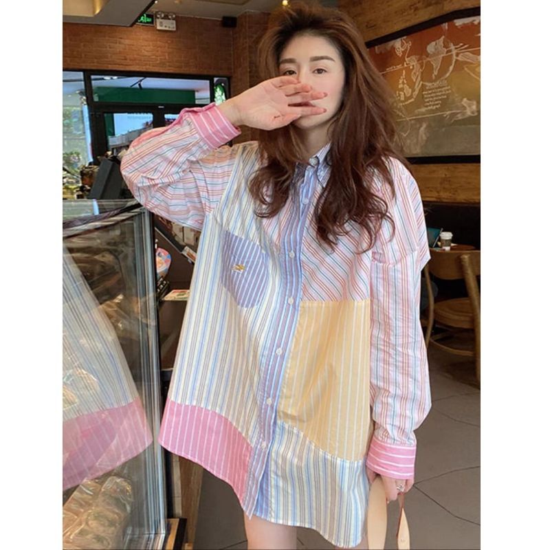 MDLV ~ 2480# Astella Patchwork Striped Shirt Kemeja Salur Import