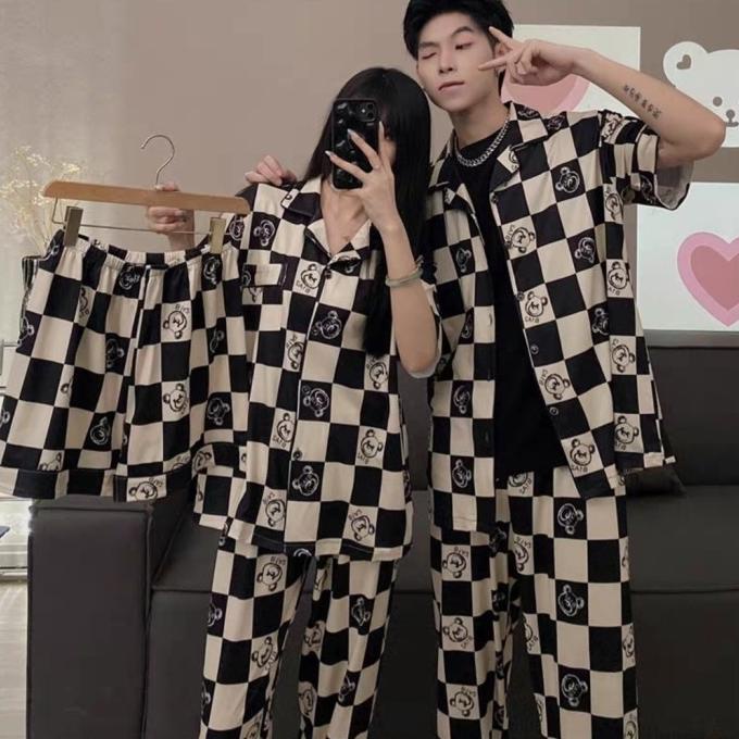 SET BAJU TIDUR PIYAMA 3IN1 COUPLE SUAMI ISTRI PRIA WANITA IMPORT
