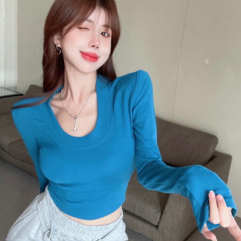 ¤Suhao Red Hot Gadis Lengan Panjang T-shirt Wanita Musim Gugur 2022 Baru Murni Keinginan Pakaian Dalam Seksi Slim Pendek top Kemeja