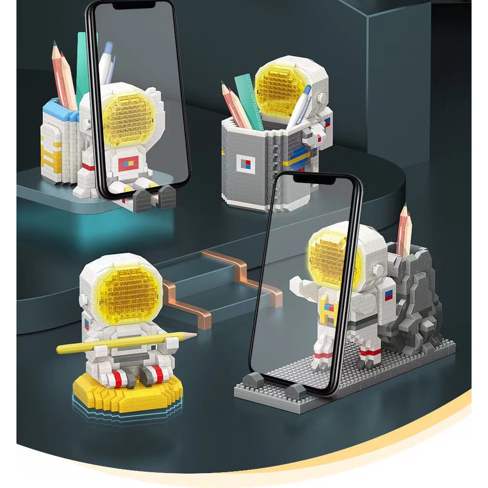 Moyu Blok Bangunan Astronot Pen Holder Holder Miniatur Partikel Dewasa Majelis DIY Anak Laki-Laki Perempuan Hadiah Ornamen