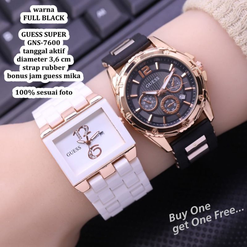 (Terima Cod)Jam Tangan Wanita Buy1/Get1 Mika/Gues Ring Tanggal Aktif Strap Rubber/Karet(Dikirim Jakarta)