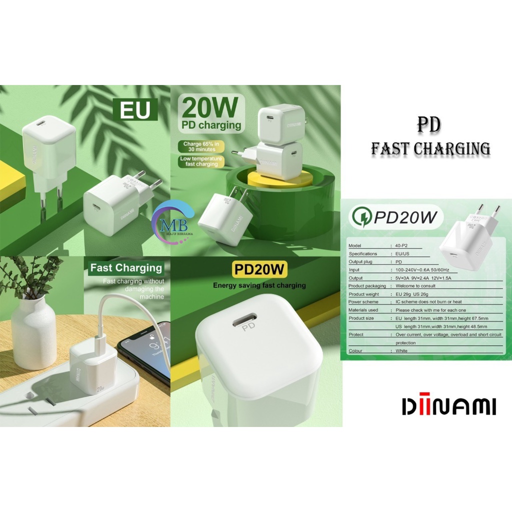 DIINAMI P8 Adaptor BATOK Charger CASHAN Power Nano 20 Batok Fast Charging 20W 3A Type-C (PD) Multi Protection MB4125