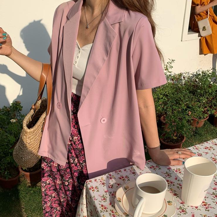 Chekout Blazer Wanita Lengan Pendek Model Longgar Versi Korea Warna Polos Kualitas Tinggi