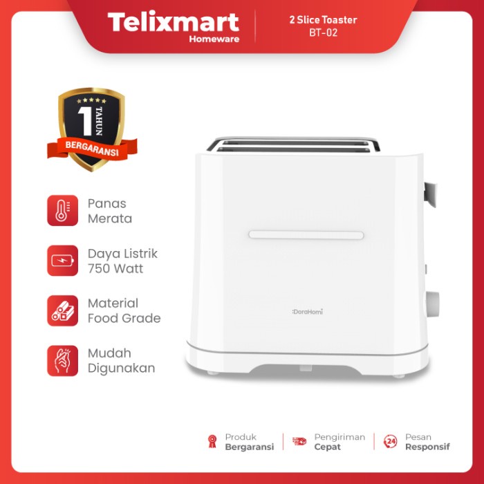 Pemanggang Roti Dorahomi Toaster Listrik Low Watt 2 Slice BT-002W Putih