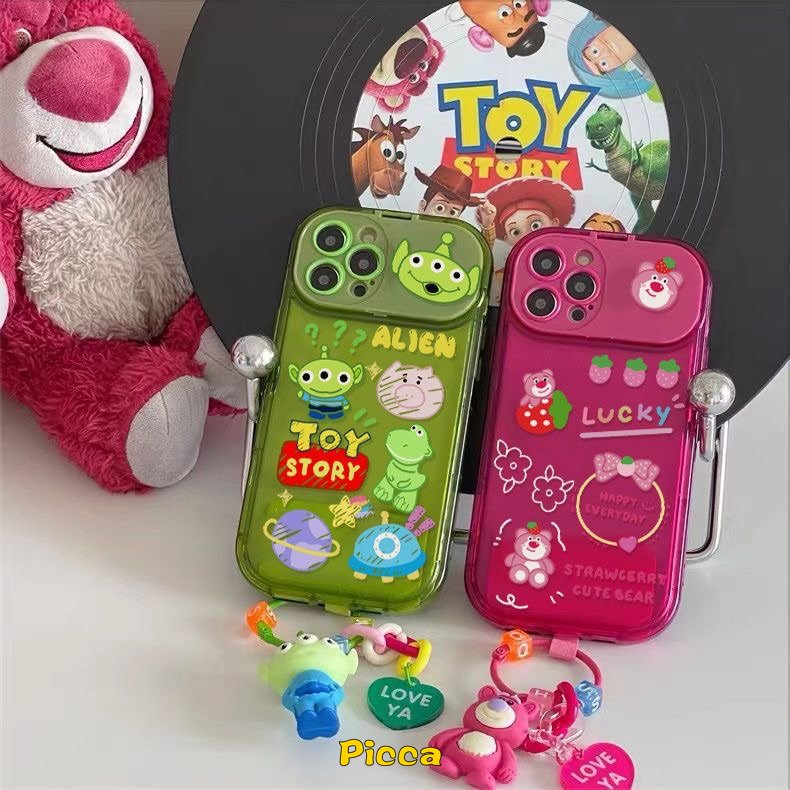 IPHONE Flip Make Up Cermin Disney Toy Story Losto Alien Case Kompatibel Untuk Iphone11 14 12 13 Pro MAX 7 8 14 Plus XR X XS MAX SE 2020 Beruang Strawberry Lucu Dengan Ornamen Boneka 3D Soft Case