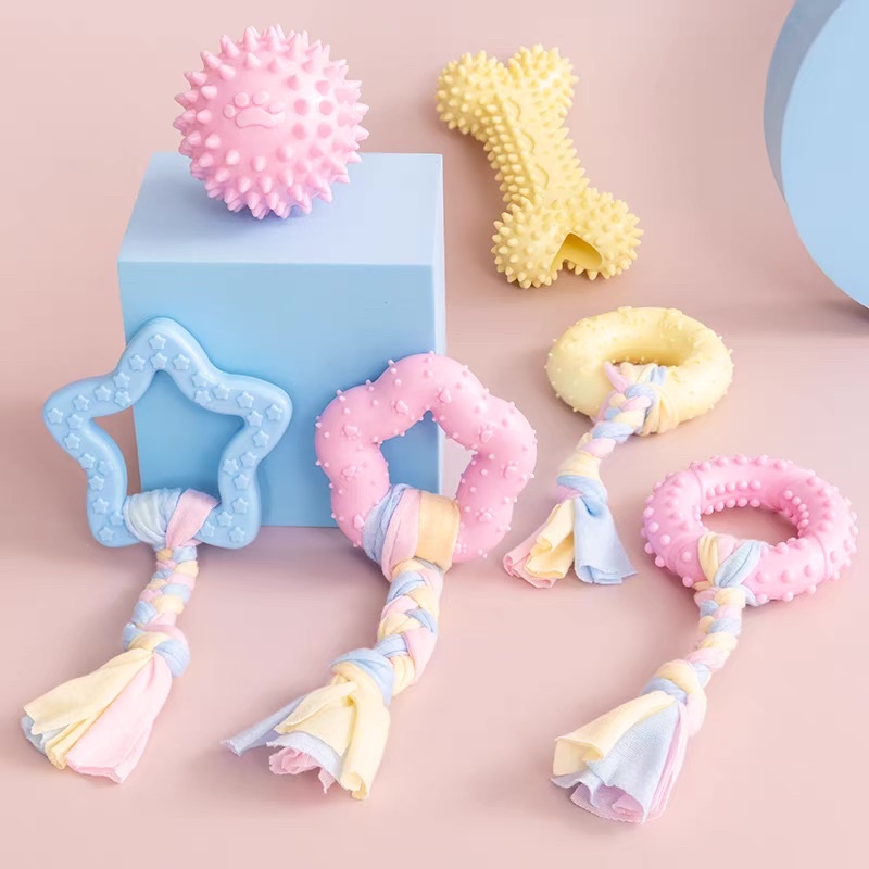 Mainan Gigit Hewan Anjing &amp; Kucing Pet Toy Warna Pastel Dengan Bentuk Bola Bintang &amp; Donat Import