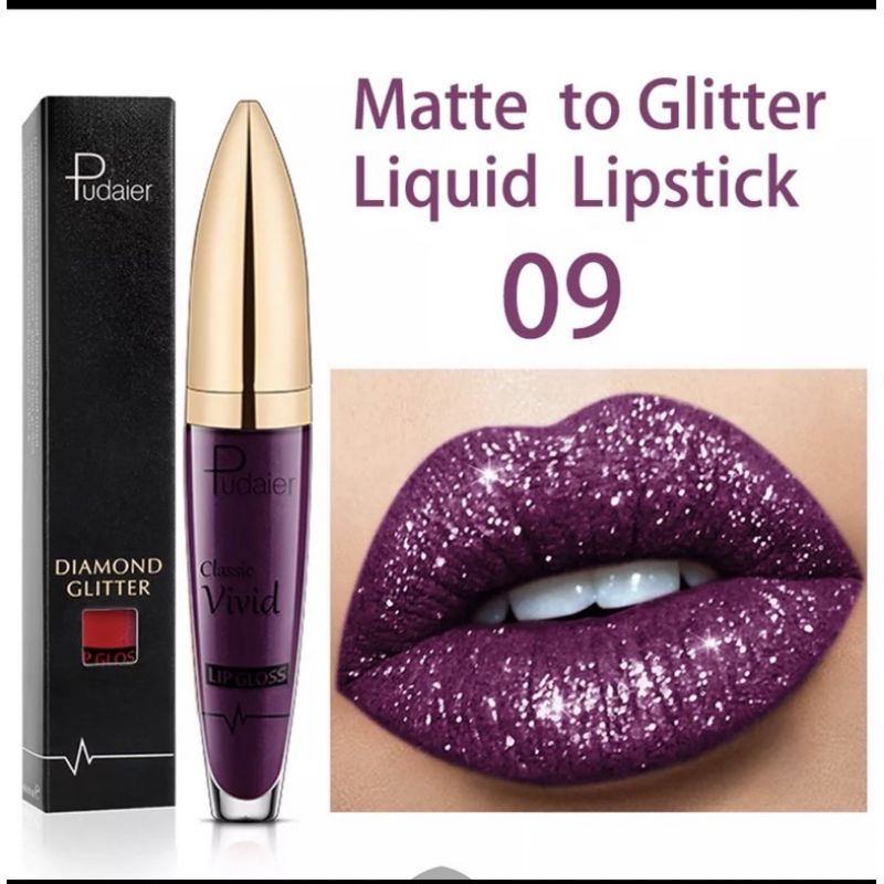 PUDAIER VIVID IMPORT LIPSTICK MATTE GLITTER HITAM UNGU SHINE BERKILAU LIP GLOSS LIQUID TAHAN AIR