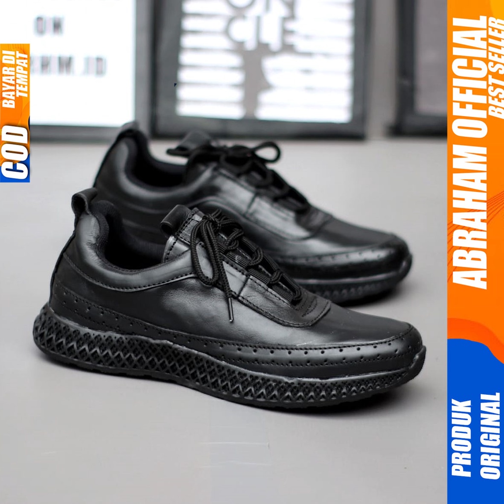 Sepatu Pantopel Kerja Formal Kulit Asli Full Hitam Casual Pria Abraham Blosom