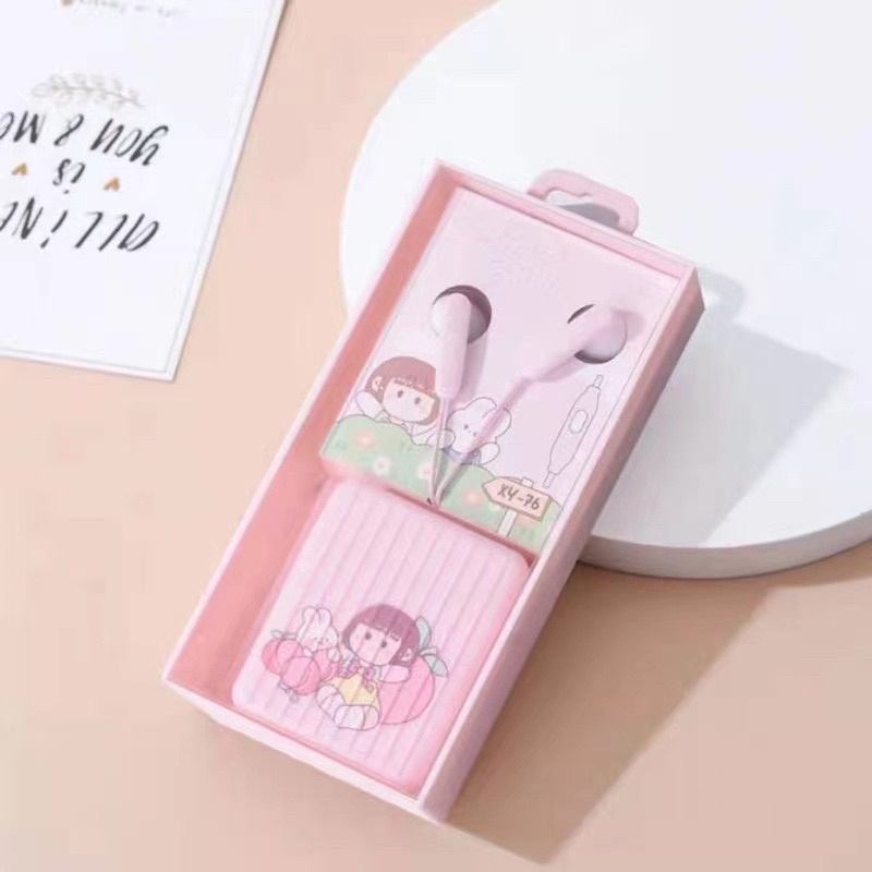 [ XY 76 ] SET Headset Earphone karakter model XY 76 motif  SWEET GIRL series plus  Wadah Earphone Motif KARAKTER IN EAR