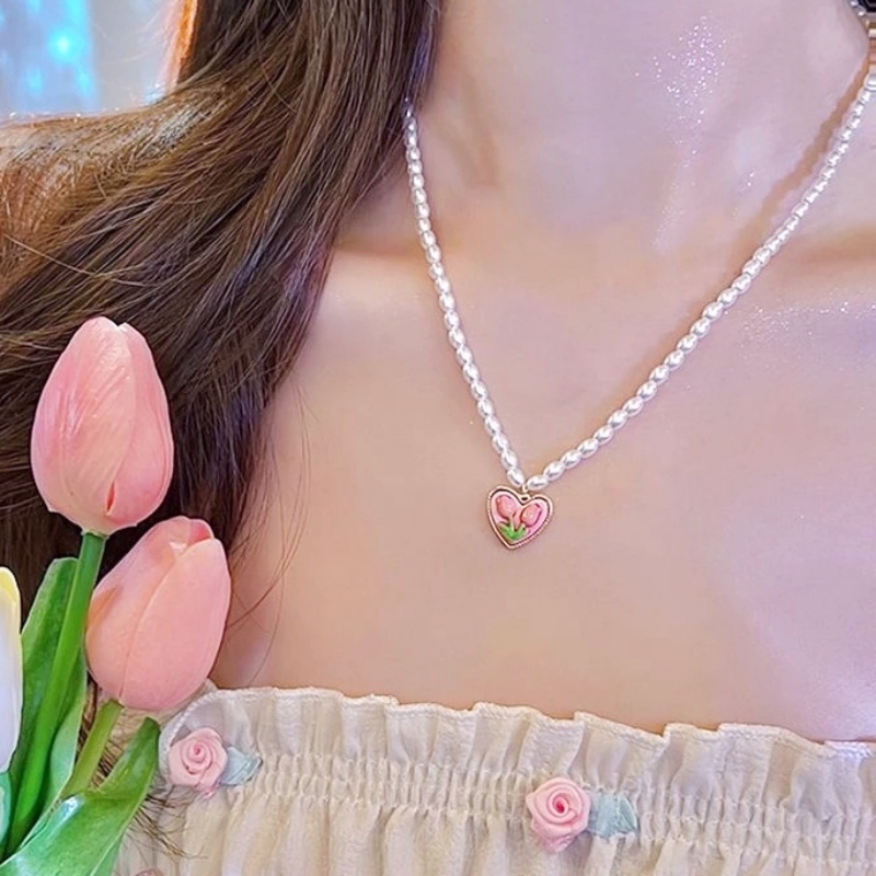 Kalung Bunga Tulip Manis Mutiara Imitasi Rantai Choker Wanita Hati Liontin Kalung Elegan Leher Permata Aksesoris Untuk Ulang Tahun Pacaran Pernikahan