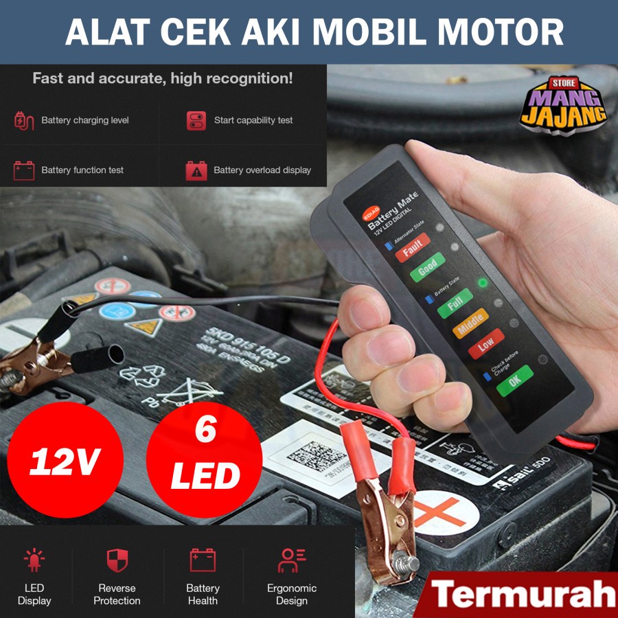 Alat Cek Aki Mobil Motor Tester Battery ACCU Baterai 12V 6 LED Display