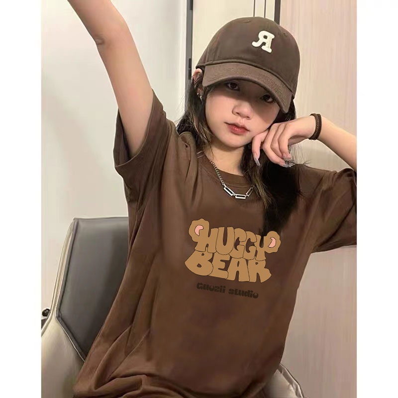 4 warna 100% Katun Graphic Tee Baju Wanita Letter Atasan Wanita Oversize Kaos Putih T-shirt Couple Korean Style/Baju coklat