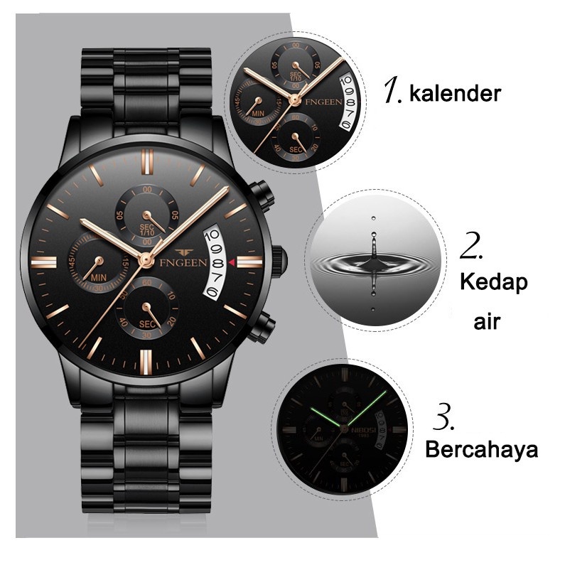 FNGEEN 5055 Jam Tangan Pria Luxury Stainless Steel Quartz Original Anti Air Watch + Kotak Gratis