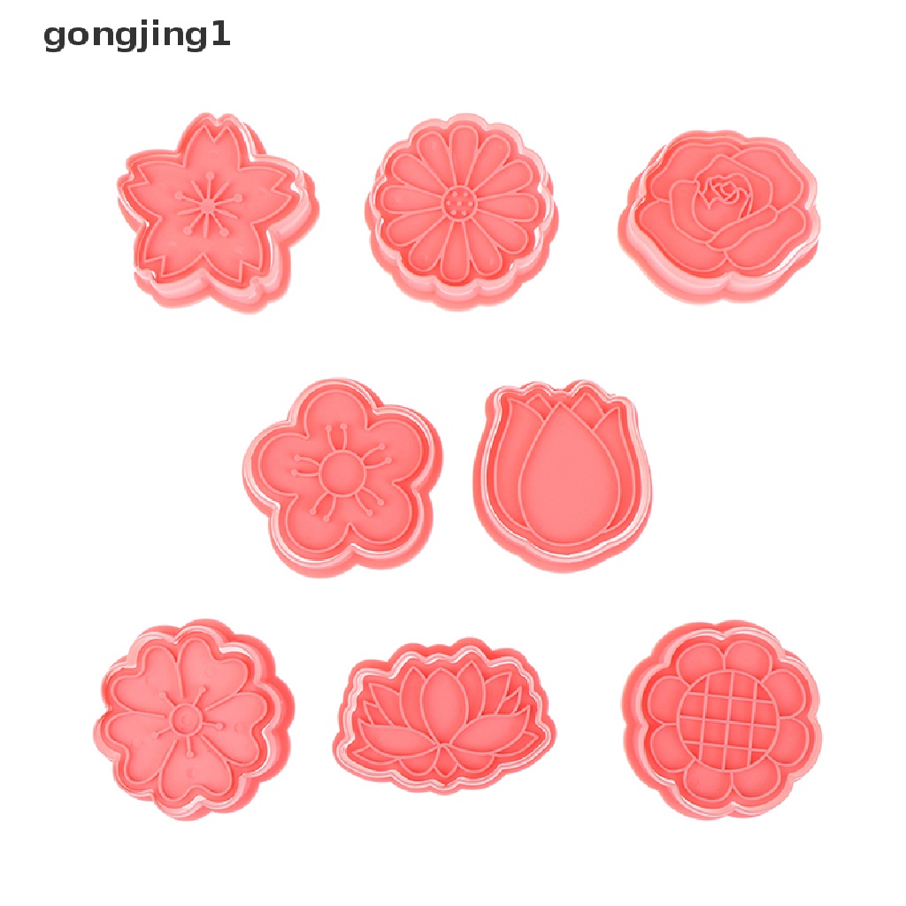 Ggg 8Pcs /Set Bentuk Bunga Pemotong Kue Kering 3D Plastik Biskuit Cetakan Cookie Stamp DIY Fondant Cetakan Kue Dapur Baking Pastry Bakeware Cookie Press Mold ID