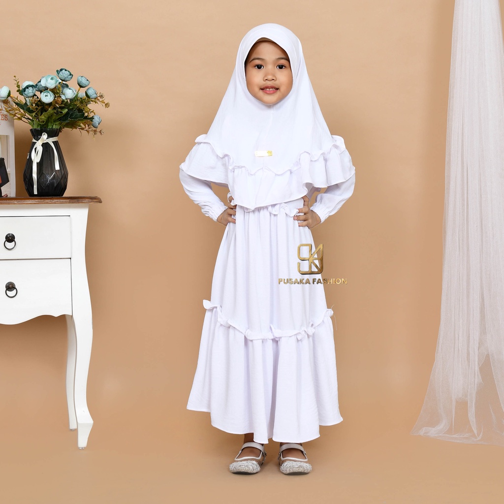 JIIRA baju gamis syari anak perempuan cringkle fashion muslim terbaru  FREE hijab khimar modern dres stelan kerudung serut susun 4 - 9 tahun manasik mengaji maulid nabi warna putih tulang hitam bata lilac lemon pink fuchia moca sagr green olive kekinian