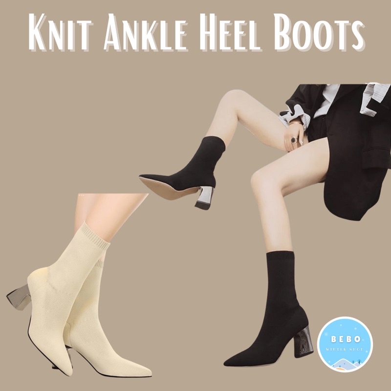 Knit Sock Ankle Boots dengan Heels Boots Kaos kaki rajut