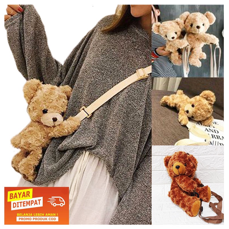 Candra.Collection Tas Selempang BERUANG rangkul bulu snail mini hadiah sovenir 20cm CC123