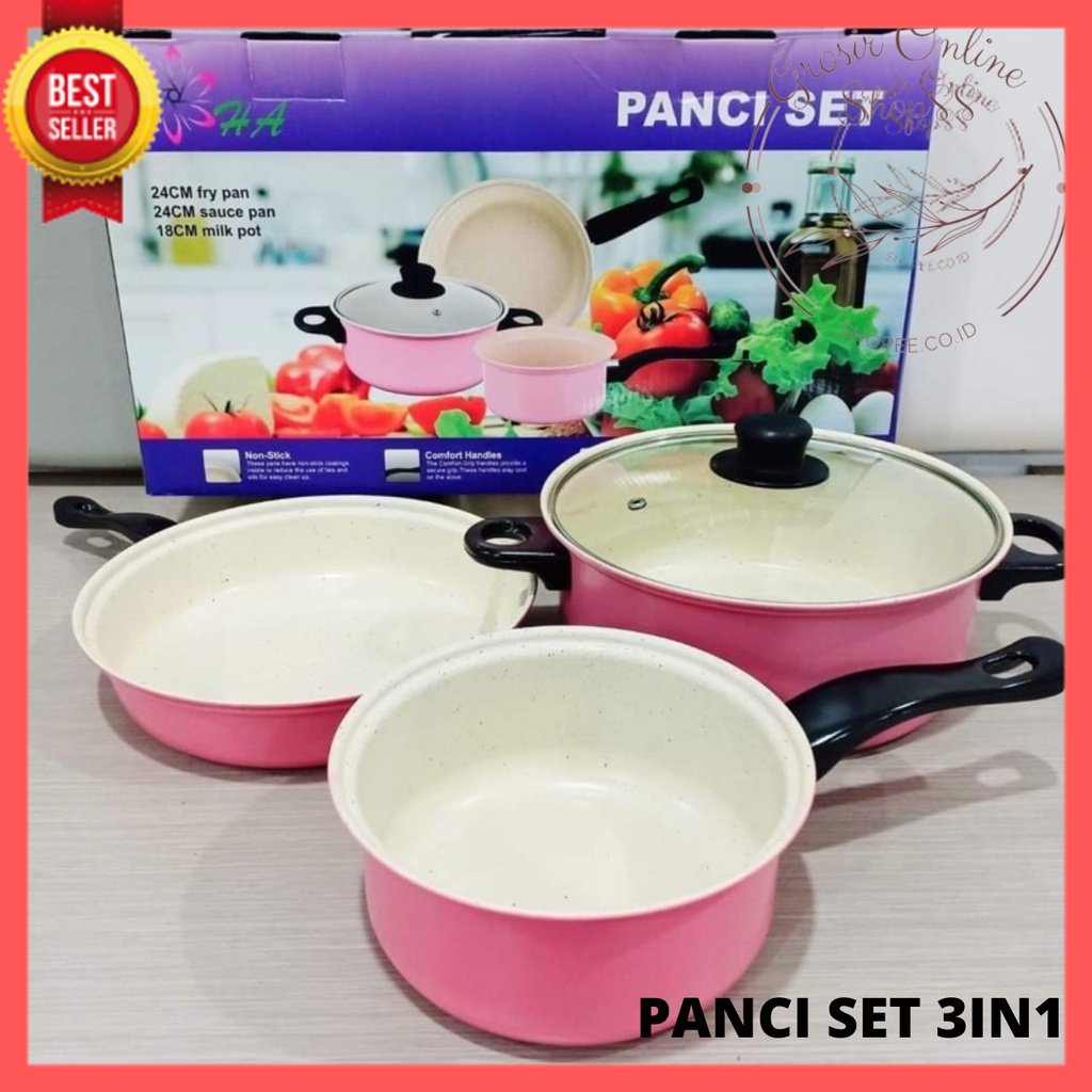 GOS - D307- Panci set Anti Lengket 3pcs / Panci Teflon Tutup Wajan Kaca / 3PCS Panci,Teflon,Wajan