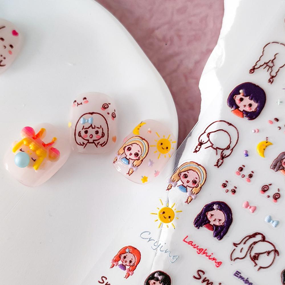 AUGUSTINA Agustinina Kartun Stiker Kuku Wanita Ekspresi Tersenyum Cemilan Perekat Diri Nail Art Dekorasi