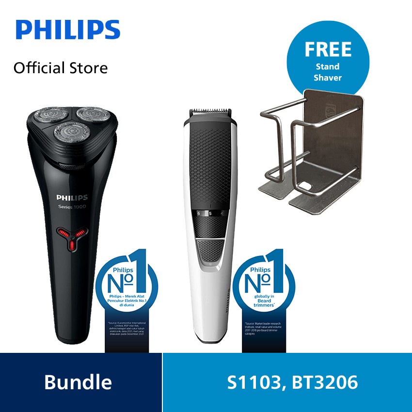 Philips Men Set (Shaver S1103 + Trimmer BT3206) Free Shaver Stand