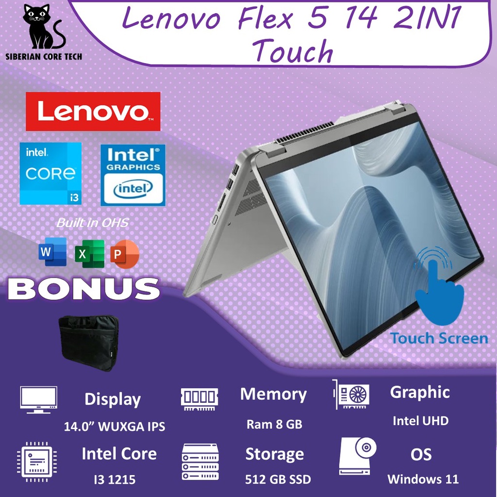 LENOVO FLEX 5 14 TOUCH I3 1215 8GB 512SSD W11+OHS 14.0 WUXGA IPS 2IN1 BLIT PEN 2YR PREM+ADP