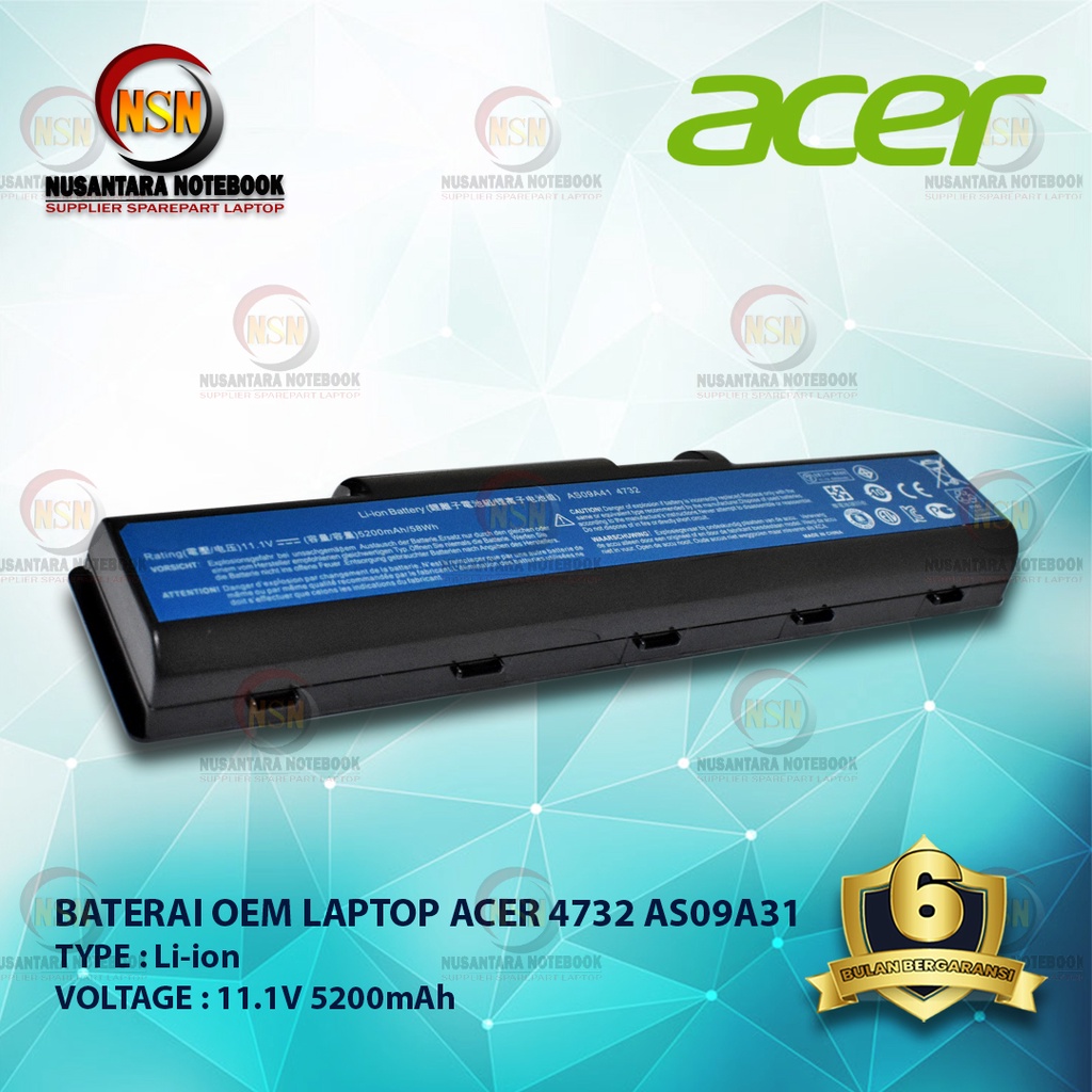 Baterai Acer AS09A41 OEM For Laptop Series 4732z 5732z 4332 5516 5532z 11.1V 5200mAh