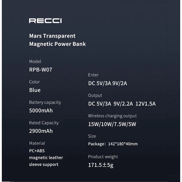 RECCI RPB-W07 MARS SERIES 5000mAh Powerbank PD 20W Wireless Charge 15W