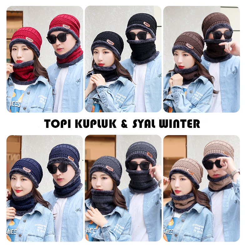 Topi Kupluk &amp; Syal Winter Pria Wanita Tebal Hangat Rajut Wool Beanie Hat Musim Dingin TKS01