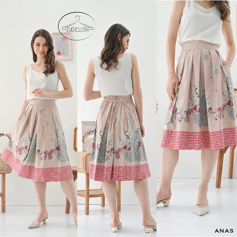 Evercloth Anas Rok Batik Wanita Selutut Bawahan Batik Perempuan Rok Cewek Batik 3/4 7/8 Rok