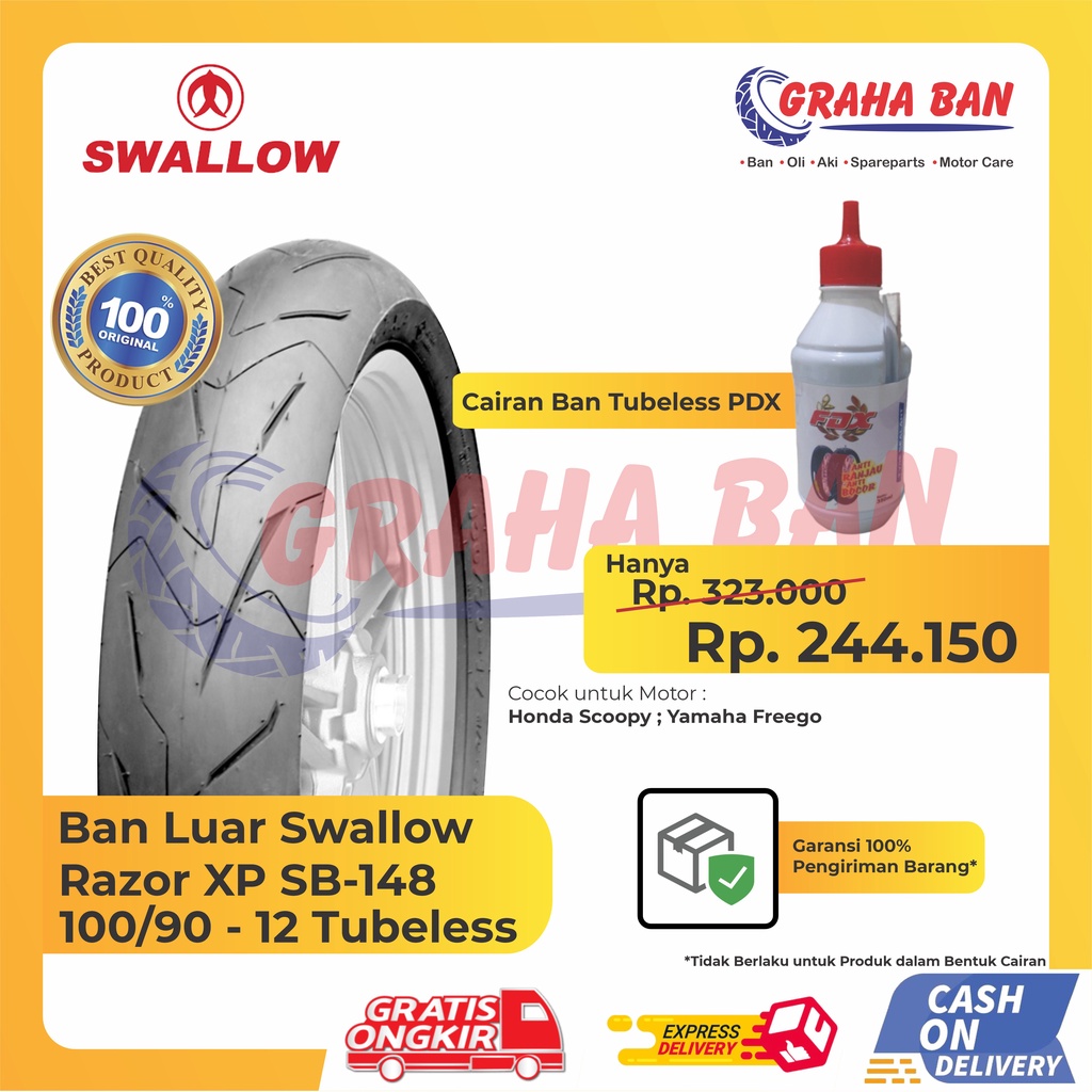 BUNDLING BAN MOTOR TUBELESS SWALLOW RAZOR XP SB-148 RING 12 + CAIRAN BAN TUBELESS / BAN MOTOR ONLY M