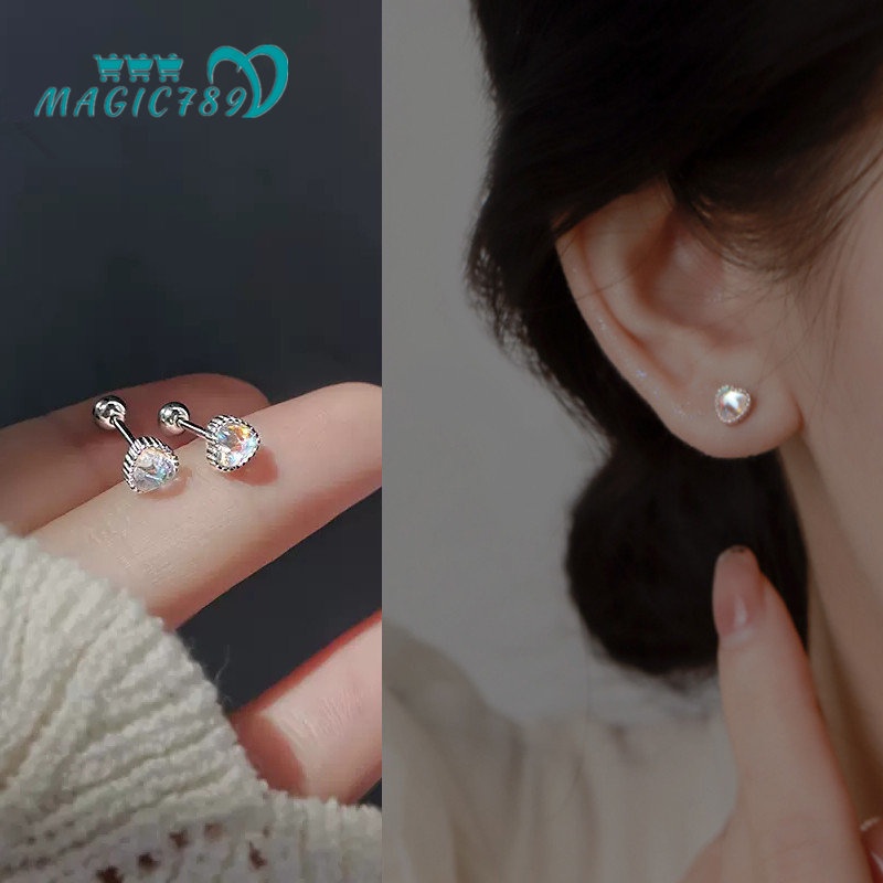 Magic789 Korea Mempesona Biru Moonstone Jantung Anting Sekrup Untuk Wanita Gadis Hypoallergenic Geometris Stud Earring Pakaian Harian Telinga Perhiasan