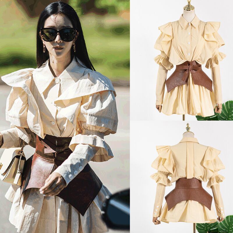 Suhao Xu Ruizhi Gao Wenying gaya yang sama one-piece suit korset kemeja khaki kerah mengacak-acak engah lengan gaun pakaian