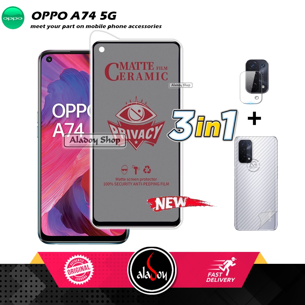 Tempered Glass Anti SPY Oppo A74 5G Anti Gores Privacy + Tempered Glass kamera dan Skin Carbon