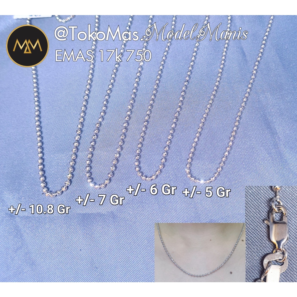 kalung biji lada emas putih 750 kadar 17K