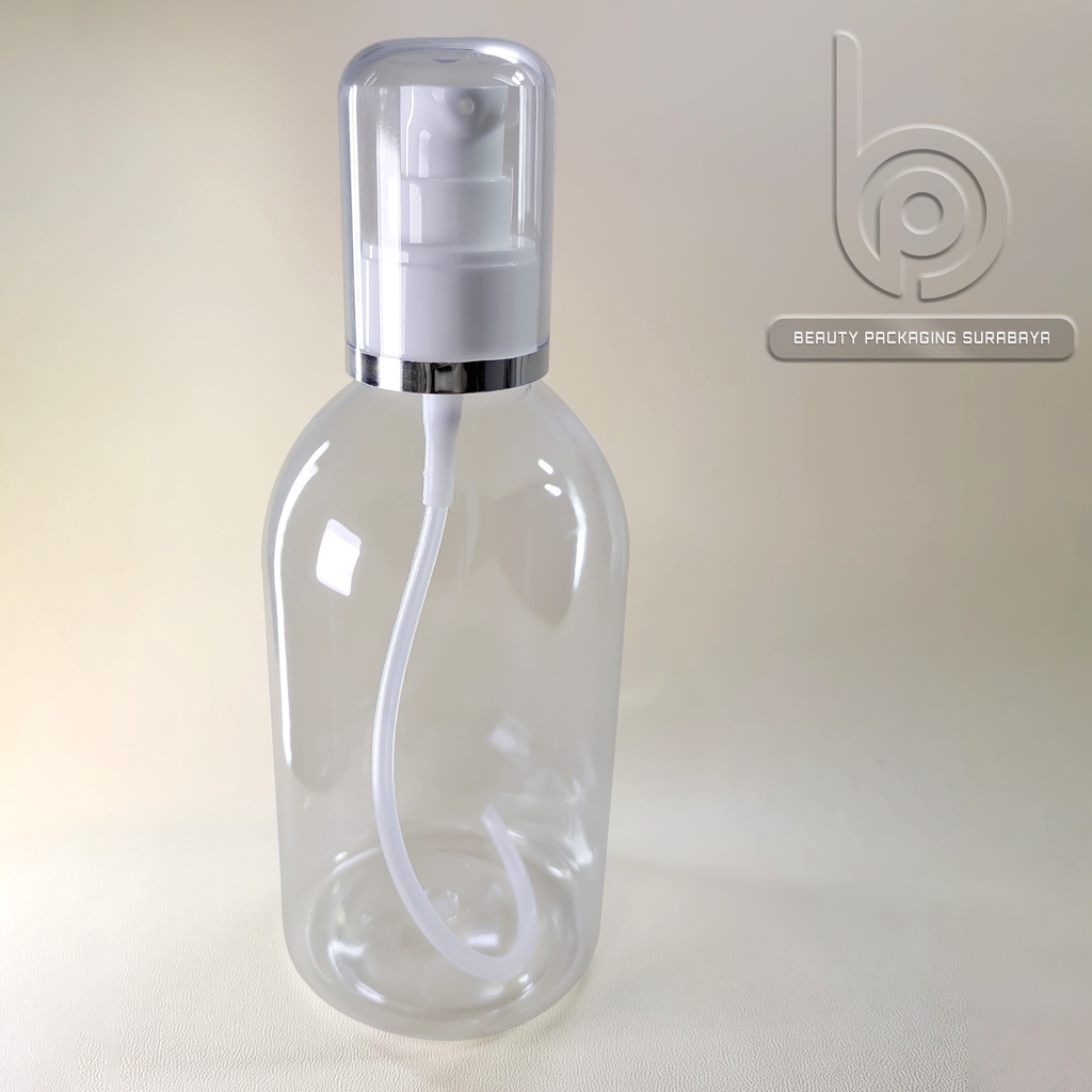 Botol plastik 250ml Oval bening tutup pump treatment FC Putih