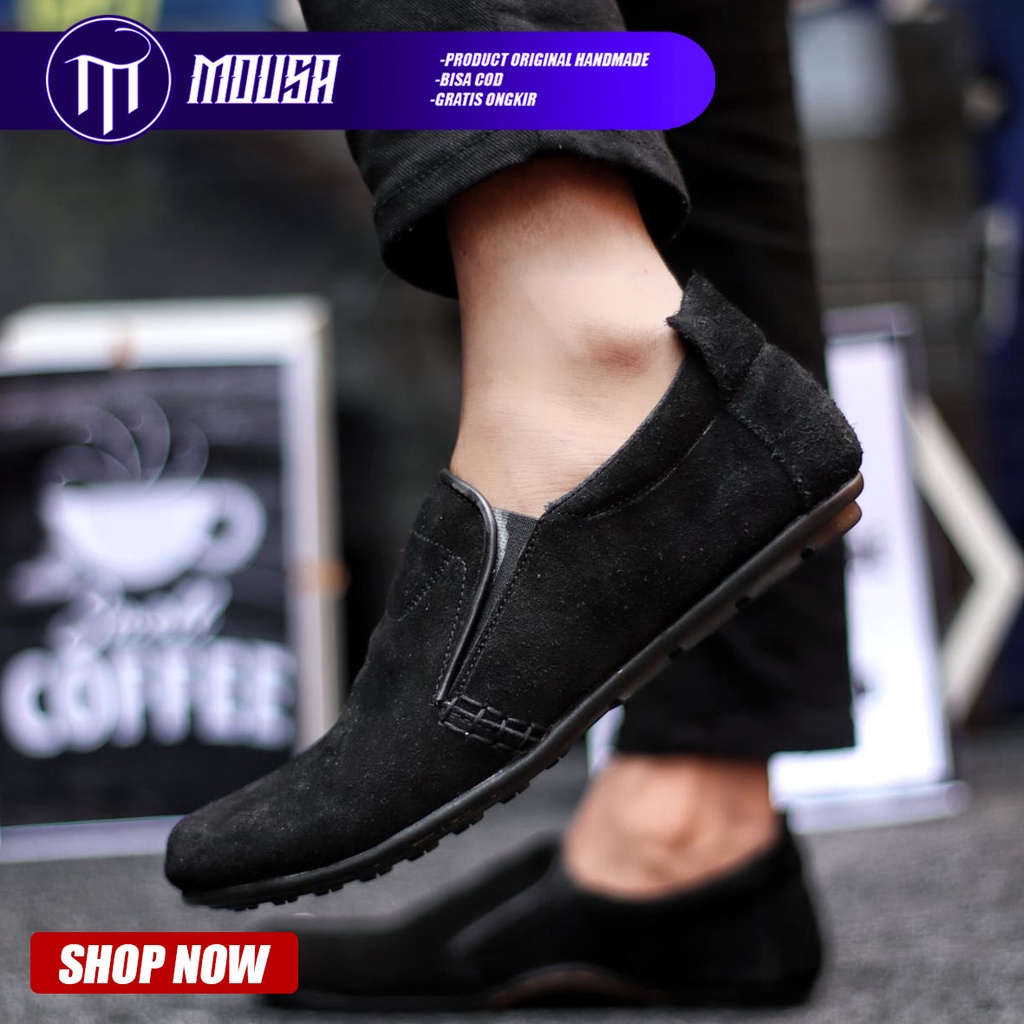 Sepatu Casual Slip On Pantofel Kulit Suede Kerja Pria Hitam Mousa Seya