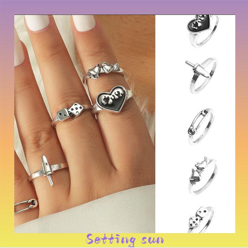 Domingo Ring Alloy peniti dadu love pedang retro silver cincin wanita fashion korea 5 set TN