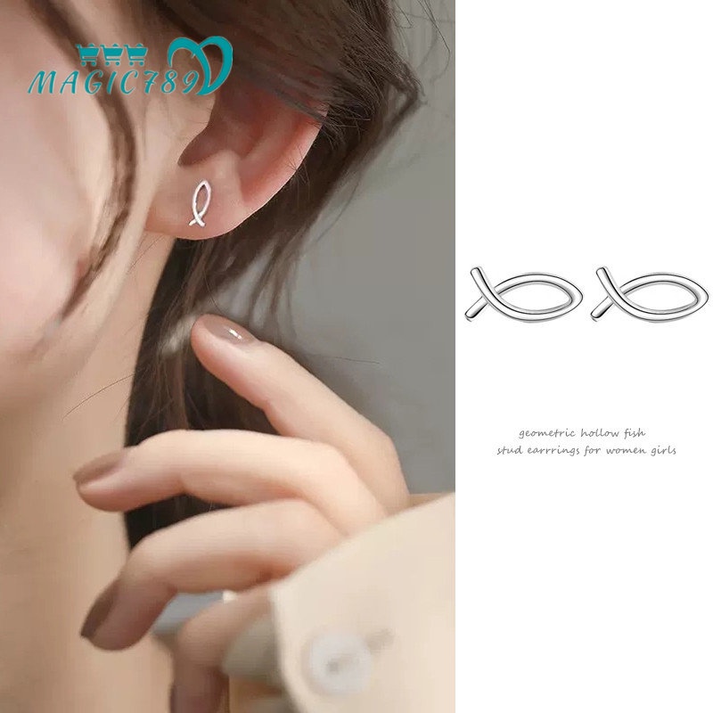 Papaozhu Chic s925 Perak Lucu Berongga Ikan Stud Anting-Anting Untuk Wanita Perempuan Hypoallergenic Anting-Anting Kecil Pick Gratis Telinga Perhiasan