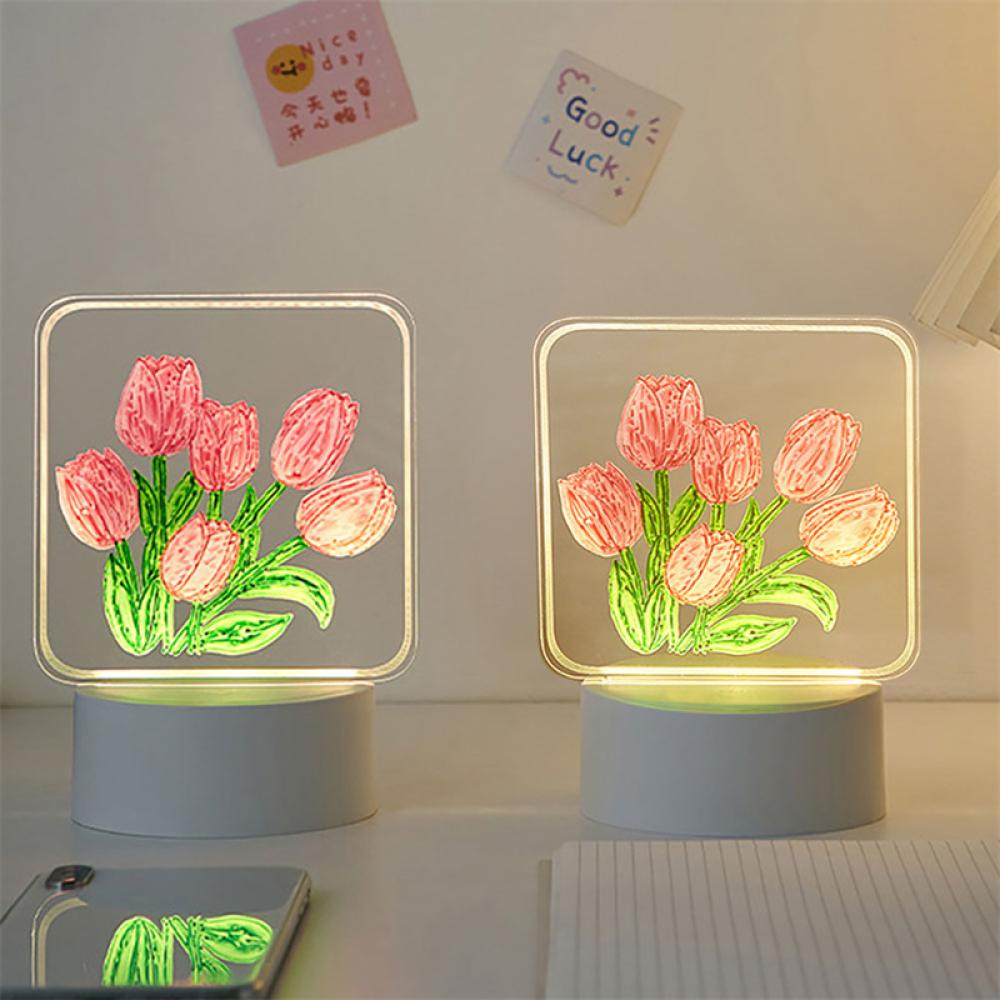Timekey Acrylic LED Tulip Lampu Malam Bunga Papan Nota Lampu DIY Buatan Tangan Lukisan Tintaging Suasana Bunga Lampu Meja Dekorasi Rumah K7S4
