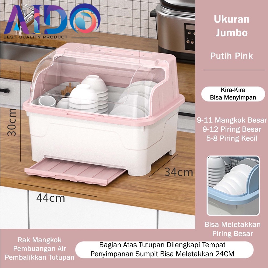 Aido Rak Pengering Air Mangkok rak piring plastik Dengan Tutup Rak Piring JUMBO /Mangkok/Sendok/Garpu Rak Dapur tempat piring dengan tutup higenis