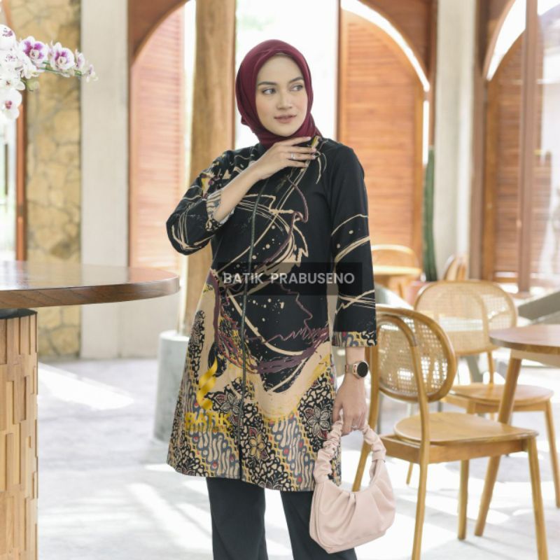 DANAR HITAM Tunik Atasan Baju Batik Wanita Lengan Panjang Prabuseno Original Busui Casual Elegan Mod