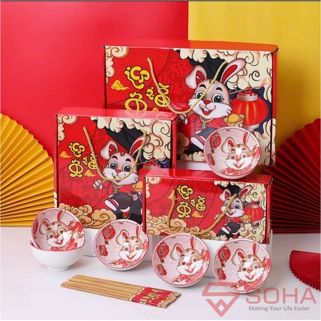 ART-057 Hampers imlek Set Mangkok Sumpit Sendok Keramik Kado Natal Souvenir Gift Hadiah Tahun Baru Chineses New Year CNY