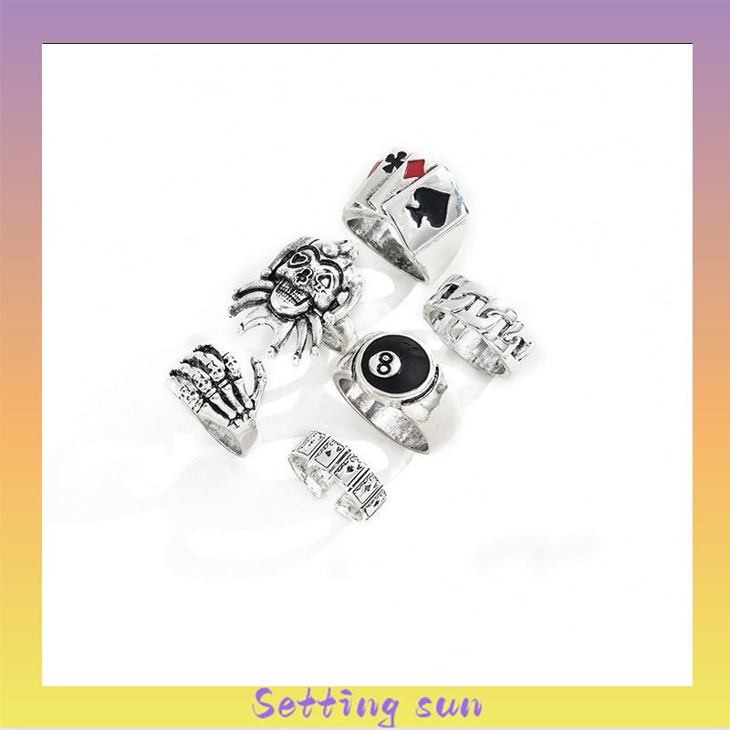 6PCS/Set Cincin Unisex  Punk Membesar-besarkan  Badut Poker Cakar Hantu Tengkorak  Perhiasan Bulat Nomor 8 TN